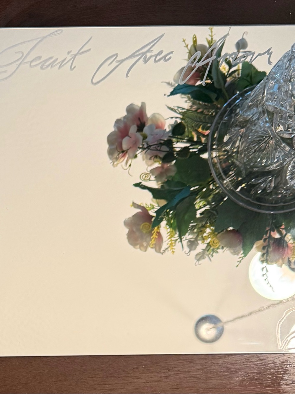 “Fait Avec Amour” hand engraved mirror tile